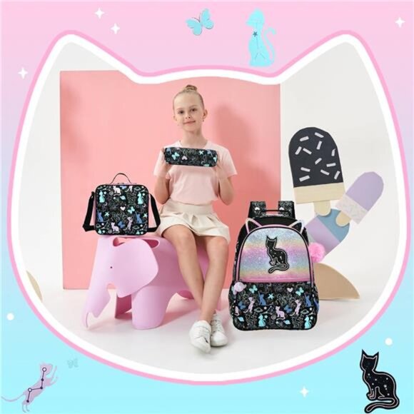 Kids Cute Cat School Backpacks BlackBags with Lunch Box for Girls Ages 8-10 - Picture 6 of 6